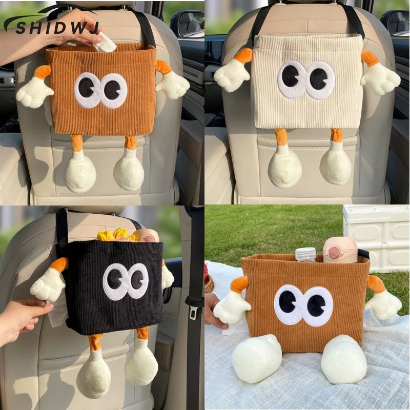 Car Trash Can Tissue Box Cartoon 2-in-1 Car Umbrella Storage Bin Auto Seat Back Hanging Storage Bag Backseat Cup Holder
