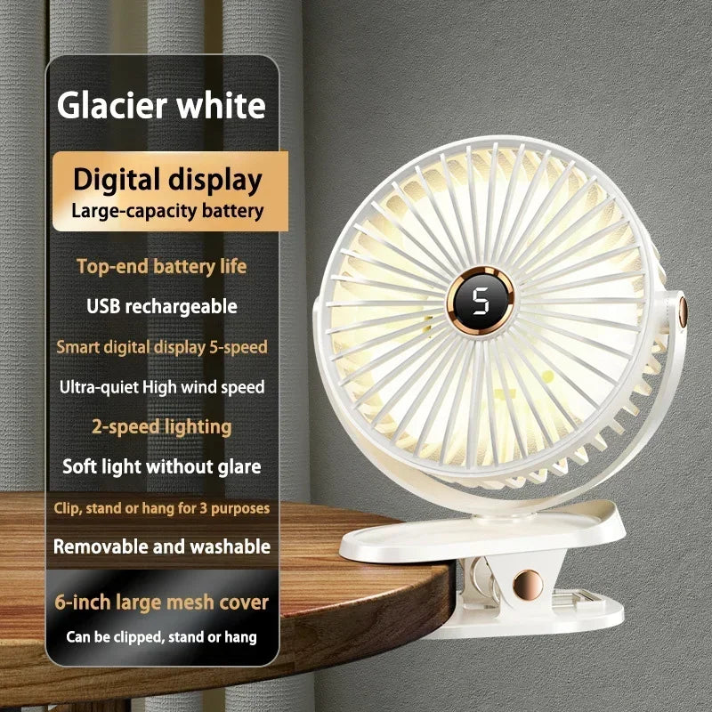 Car Clip-on Fan 5 Speed Quiet Rechargeable Desktop Portable Air Circulator Wireless Fan with LED Light for Office Amagi