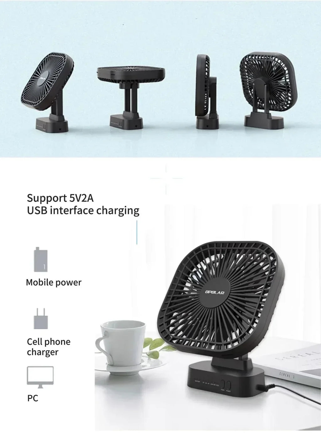 AD-Desktop Mini Rechargeable USB Fan With Timer Foldable 3 Speed 7 Leaf Portable Quiet Fan For Office Outdoor Camping Amagi