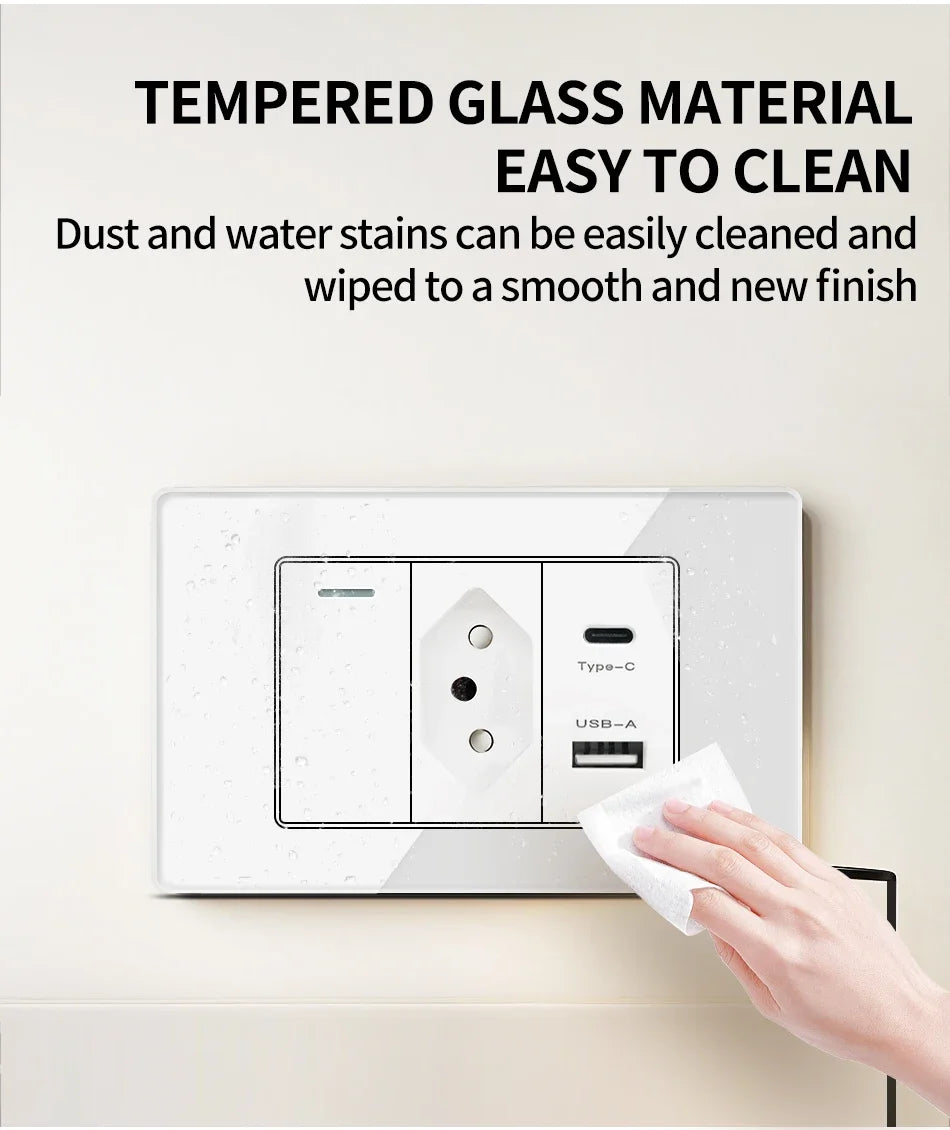 Brazil Standard Wall Socket (Type N) with Type‑C USB, 3‑Gang Wall Switch, Tempered Glass Panel, Stable Power for Home/Office