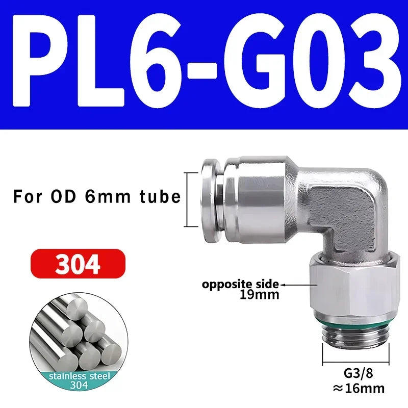 10/50/200PCS PL-G 304 Stainless Steel Trachea Quick Coupling Joint 1/8" 1/4" 3/8" 1/2" External G Thread Elbow Pneumatic Fitting