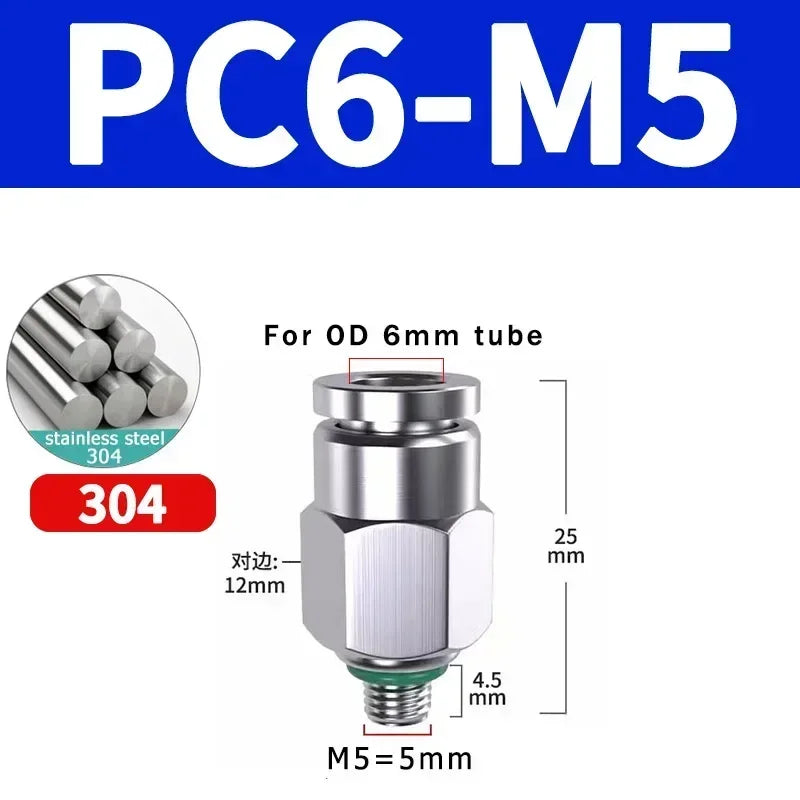 Stainless Steel PC-G Pneumatic Push-In Fitting, Straight Male G Thread Air Tube Connector for Air Compressor & Pneumatic Systems