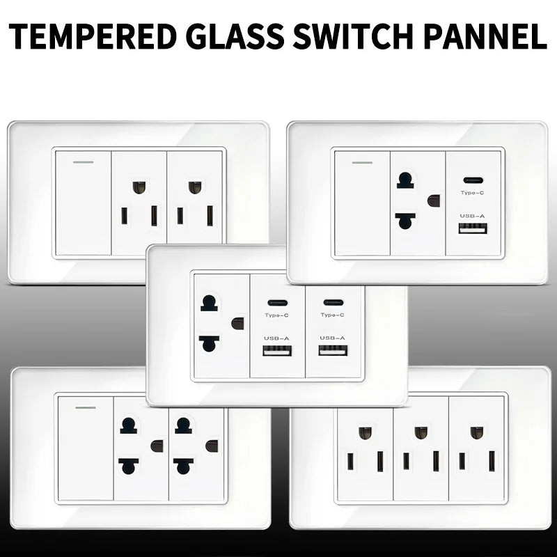118x75mm Tempered Glass US-Thai Socket: Dual USB-C Ports & 2 AC Outlets for 110V, Scratch-Resistant Panel