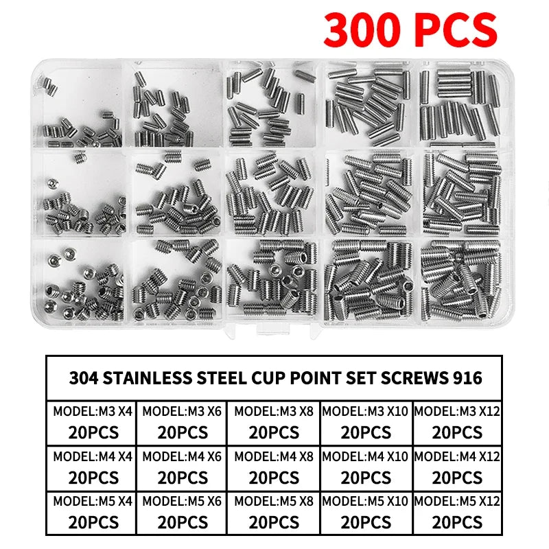 304 Stainless Steel Grub Screws Assortment Kit, Hex Socket Cup Point Set Screws with Allen Key,M3–M10 DIN916 Precision Fasteners