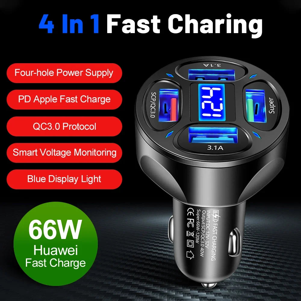 66W USB Type C Fast Charger For Car PD 4 USB Car Quick Charge QC3.0 12/24 V Cigarette Lighter Charger Adapter For iPhone Xiaomi