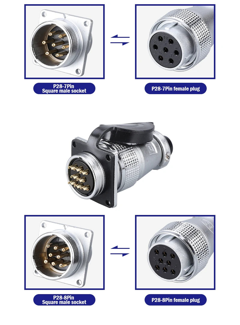 P28 Aviation Connector, Square Flange Socket, Male/Female Circular Butt Joint, 2/3/4/5/7/10/12/14/16/19/20/24 Pin, P28K2Q PLS28