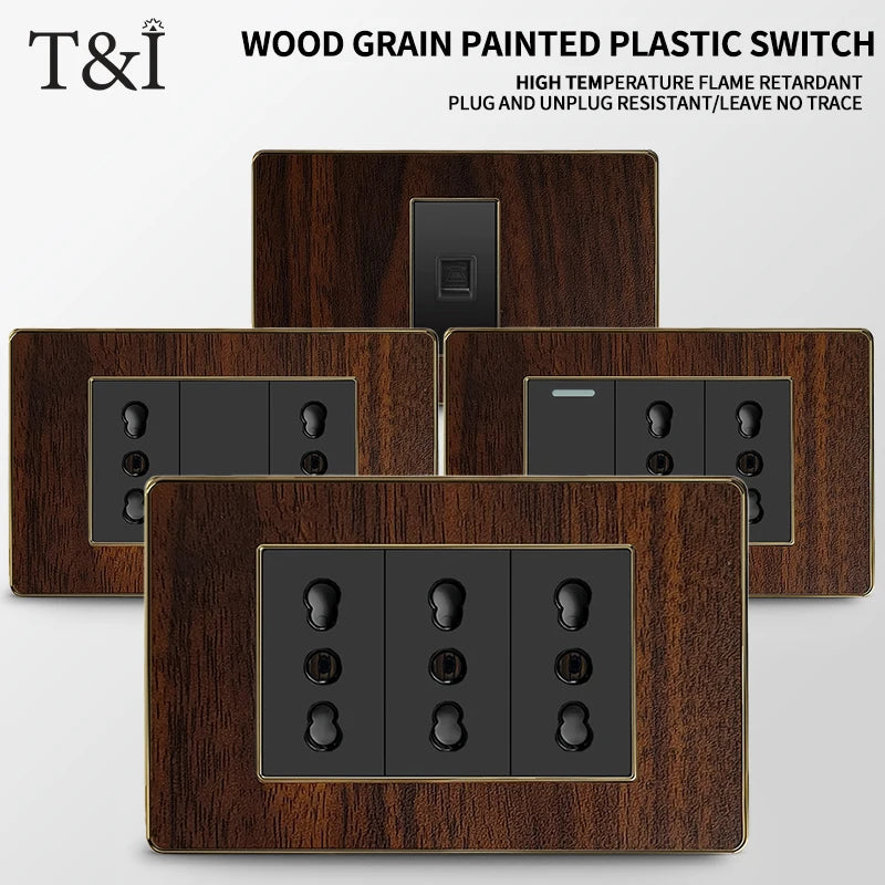 118-Type Retro Wood Grain Wall Plate – Black Plastic Spray-Painted Decorative Panel for Italy Standard Switch & Socket