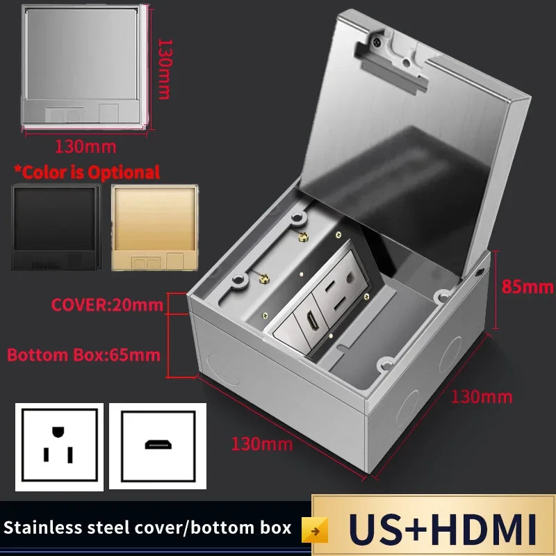 Hidden Floor Socket with USB Charging Ports, 304 Stainless Steel Underground Power Outlet, EU FR BR IL IT Standard, 130×130mm