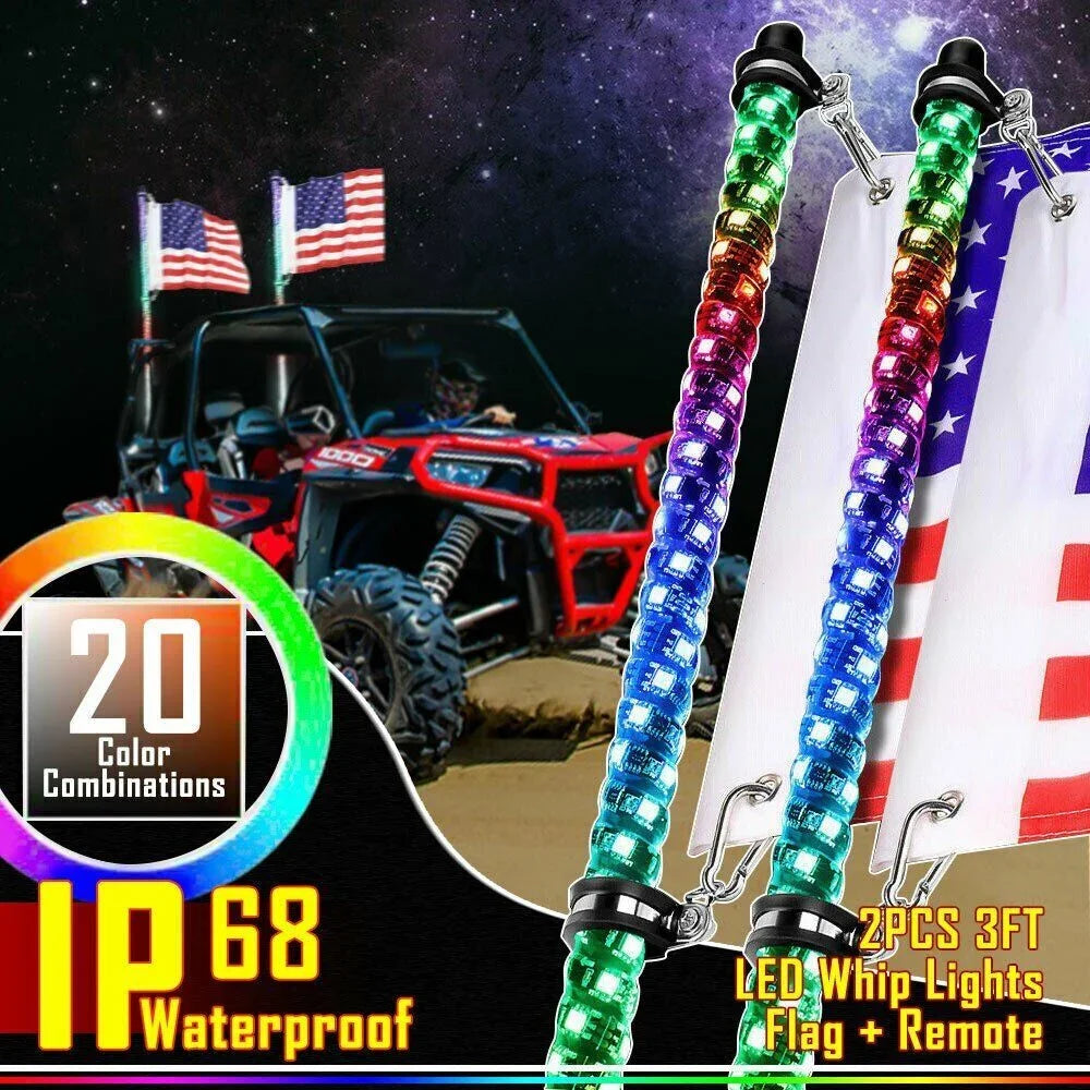 3FT Spiral Whip Lights Remote Control Turn Signal Brake Function Dream-Color Dancing For UTV RZR Can-Am SxS Sand Dune Buggy Truc
