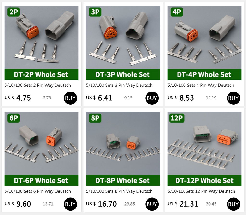 5/10/100 Sets 4 Pin Way Deutsch DT04-4P DT06-4S Waterproof Electrical Wire Connector 16-22 AWG DT Series Connector Male Female