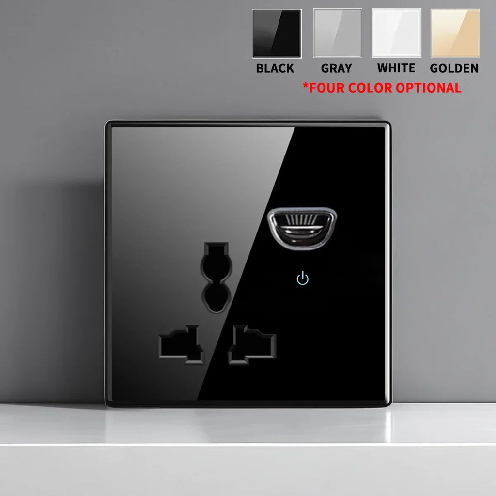 European British French Standard Tempered Glass Switch Socket with Indicator Light , Self-Reset 1 2 3 4 Gang Wall Panel Outlets