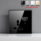 European British French Standard Tempered Glass Switch Socket with Indicator Light , Self-Reset 1 2 3 4 Gang Wall Panel Outlets