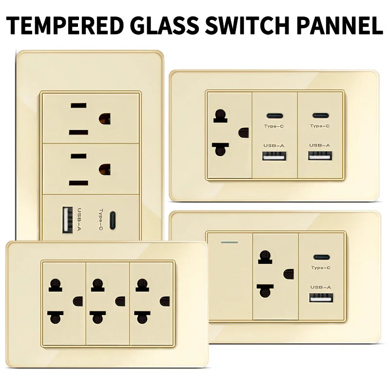 118 Series Glass Panel Wall Switch Socket, US Mexico Standard, USB and Type-C Charging Ports, 1/2/3/4 Gang Options