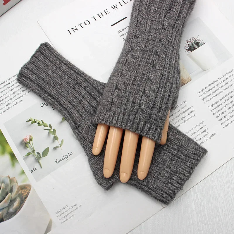 Men Women Stretch Acrylic Knit Stripe Fingerless Mitten Student Couple Winter Warm Twist Flower Half Finger Solid Glove Amagi