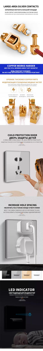European British French Standard Tempered Glass Switch Socket with Indicator Light , Self-Reset 1 2 3 4 Gang Wall Panel Outlets