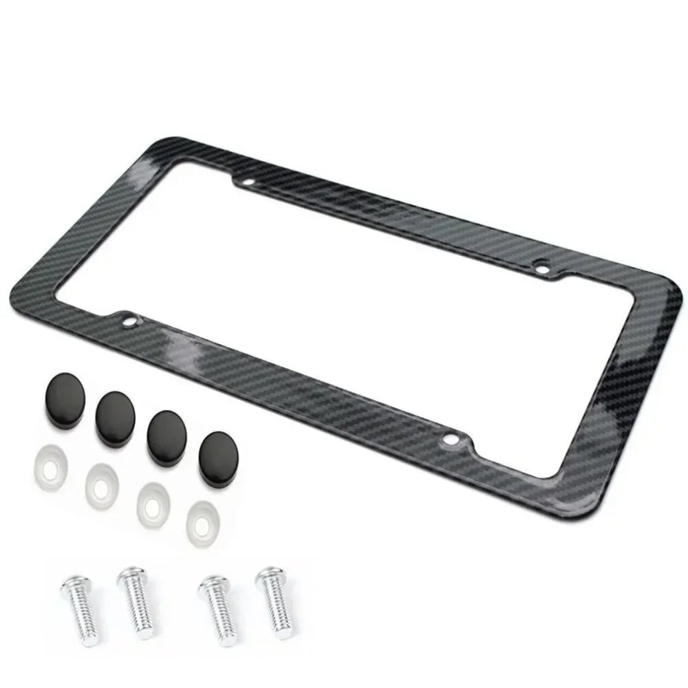 1/2PCS Carbon Fiber Pattern Plastic License Plate Frame Fiber Black Aluminum Metal Car Tag Holder Tire Screw Cap Universal Amagi
