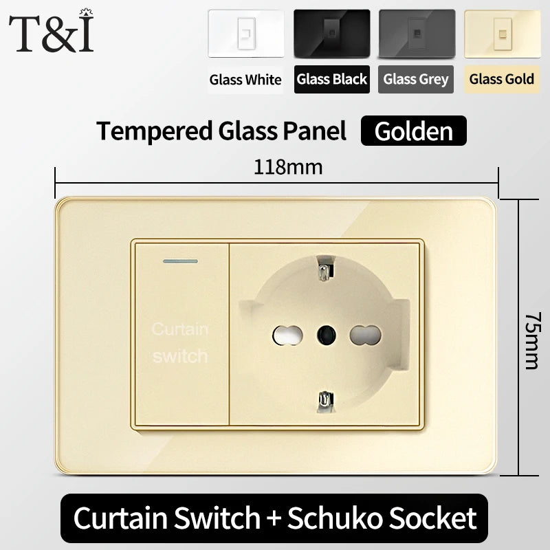 118-Style EU/CL Dual Socket with USB-C PD 20W - Tempered Glass Italy & Chile Outlet for Home/Office