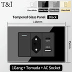 Brazil Standard Wall Socket (Type N) with Type‑C USB, 3‑Gang Wall Switch, Tempered Glass Panel, Stable Power for Home/Office