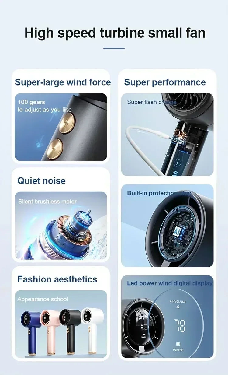 Motorcycle Portable Hand Fan 100 Wind Speeds Mini Turbo Handheld USB Rechargeable Highspeed Camping Cooling Electric Air Cooler