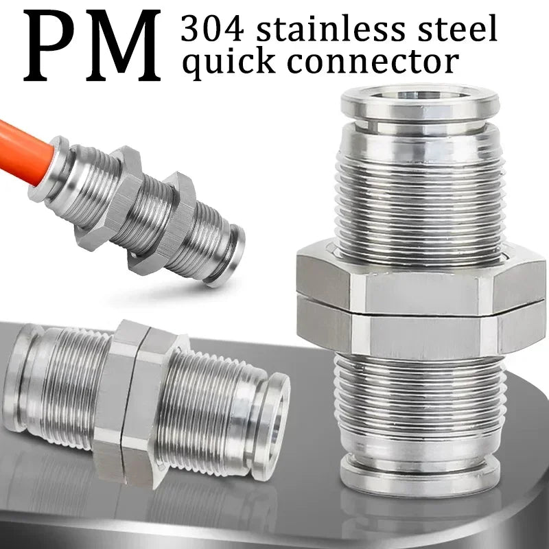 PM Type 304 Stainless Steel Bulkhead Pneumatic Connector, Push-In Hose Fitting 4mm–16mm for Air, Gas and Fluid Pipe Connection
