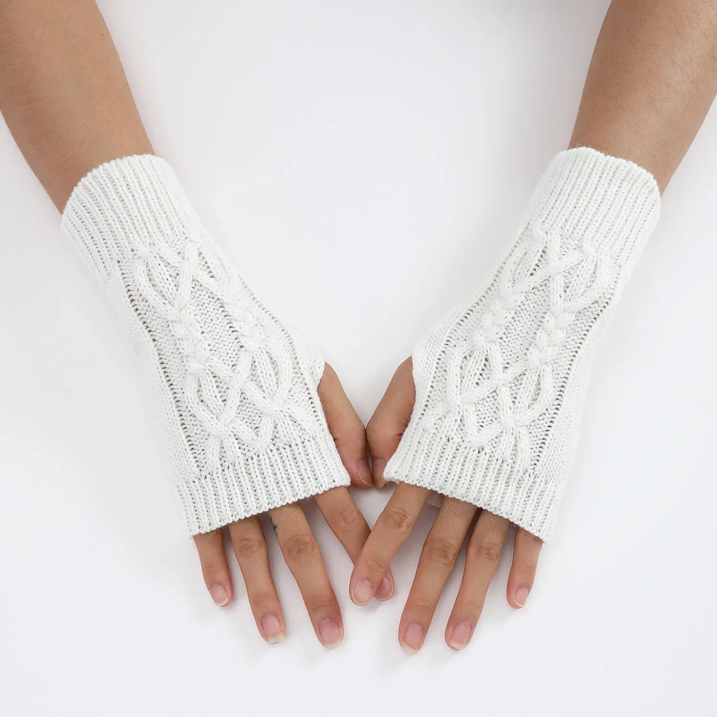 Men Women Stretch Acrylic Knit Stripe Fingerless Mitten Student Couple Winter Warm Twist Flower Half Finger Solid Glove Amagi