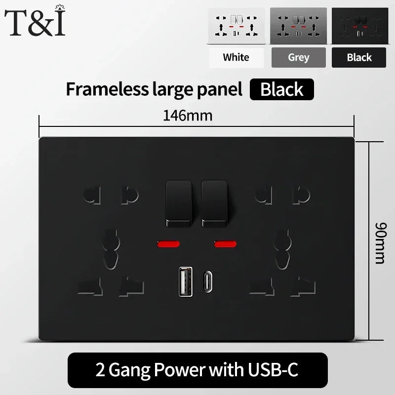 Universal Wall Socket 2‑Gang Power Outlet with Switches, USB‑C Charging Port, LED Indicator, Flush Mount, AC 110‑250V