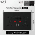 Universal Wall Socket 2‑Gang Power Outlet with Switches, USB‑C Charging Port, LED Indicator, Flush Mount, AC 110‑250V