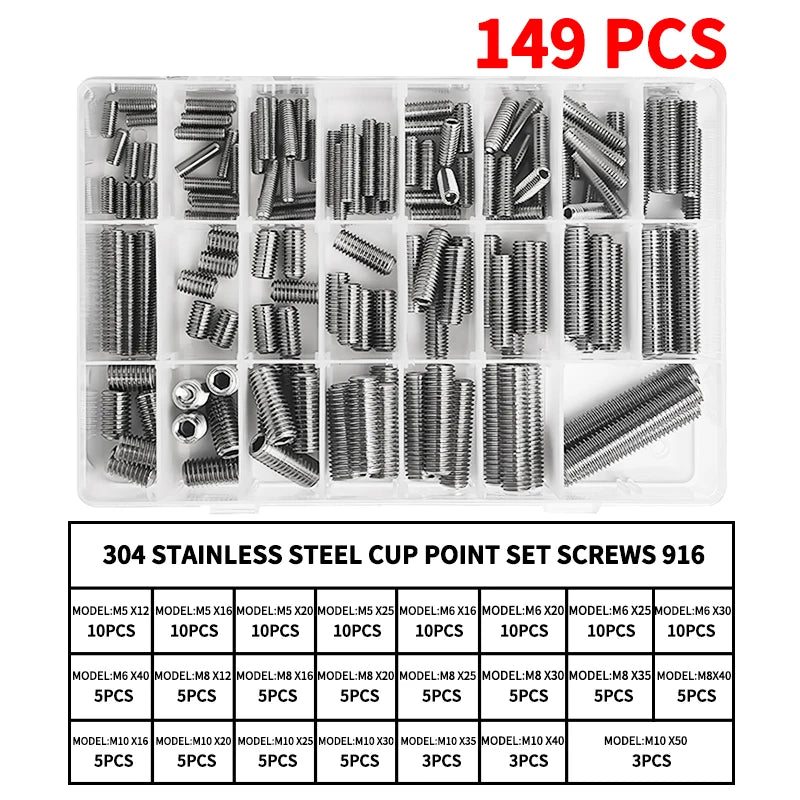 304 Stainless Steel Grub Screws Assortment Kit, Hex Socket Cup Point Set Screws with Allen Key,M3–M10 DIN916 Precision Fasteners