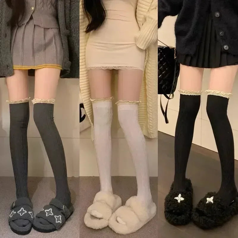 Lace Thigh High Stockings Women Sweet Girls Casual Trendy Over The Knee Leg Warmer Sexy Tube Legging Lolita Long Socks Amagi