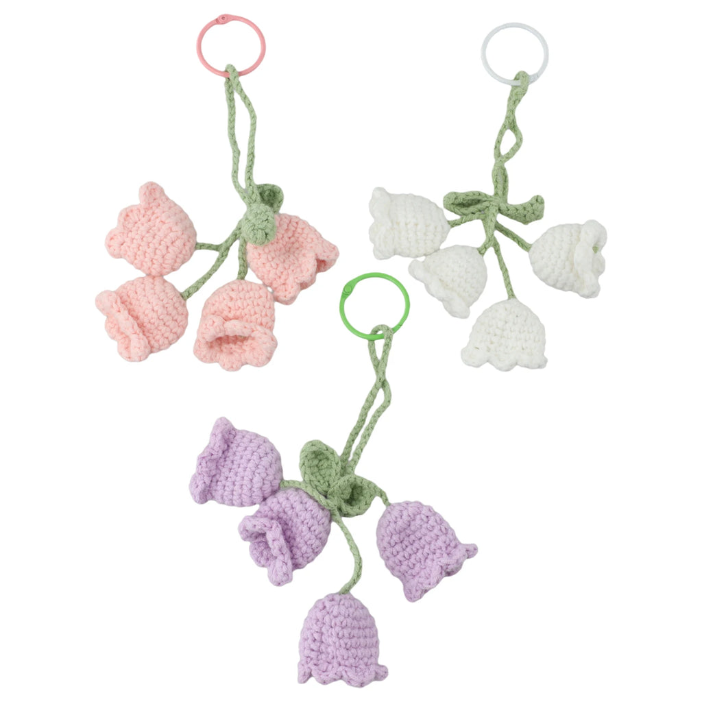  3PCS Cute Lily Of The Valley Car Rearview Mirror Pendant Hand-crocheted Car Bellflower Hand Knitted Hanging Pendant