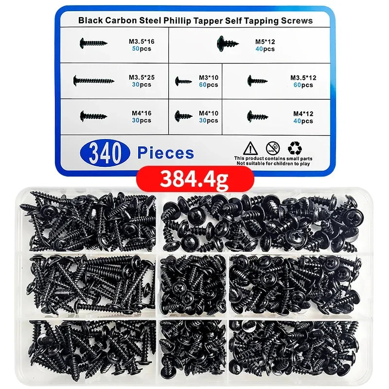 340PCS PWA Cross Self-Tapping Black Screw M3 M3.5 M4 M4.8 Carbon Steel Round Pan Head Tapping Screw with Washer Assortment Kit