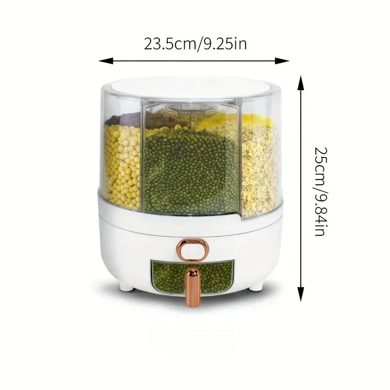 6-Compartment 360° Rotating Airtight Food Storage Container - Moisture-Proof for Cereal, Candy, Rice - Kitchen Pantry Organizer