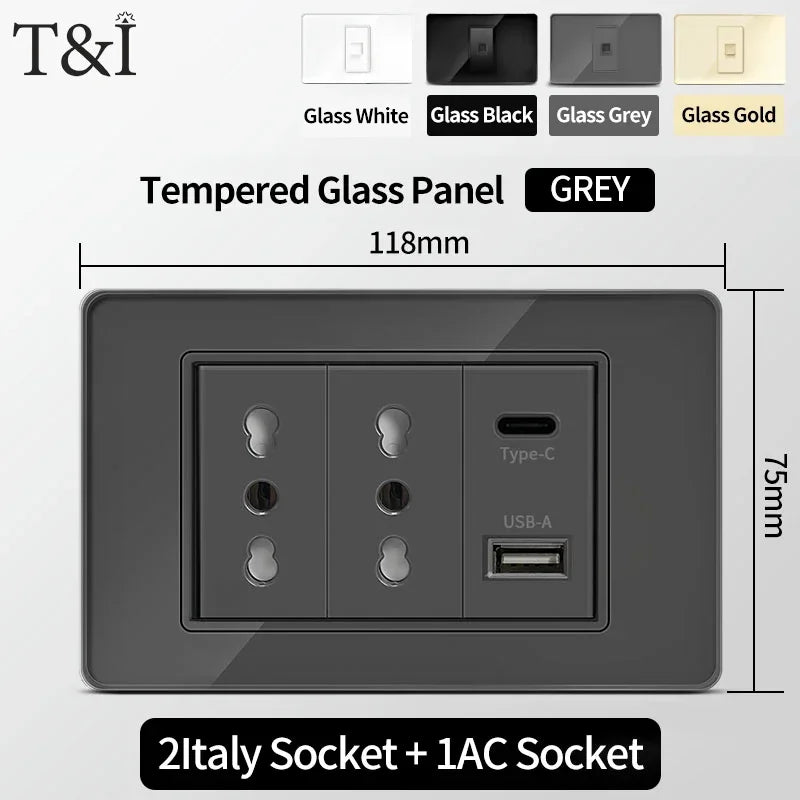 T&I Wall Switch Sockets with USB-C Fast Charging - Italy Socket, Chile Schuko Outlet & Tempered Glass Panel for Home Use