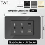 T&I Wall Switch Sockets with USB-C Fast Charging - Italy Socket, Chile Schuko Outlet & Tempered Glass Panel for Home Use