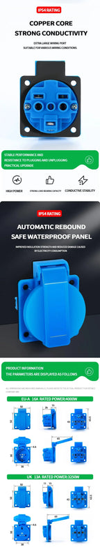 IP54 16A Outdoor Socket with Flip Cover | Euro/UK/BR Plug Waterproof for Garden & Industrial Use - Heavy Duty Explosion-Proof