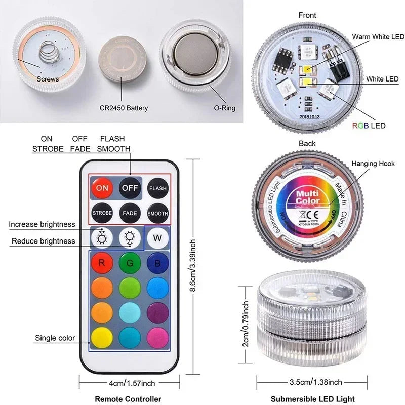Mini Submersible LED Lights Small Underwater Tea Candles Waterproof with Remote Control for Vase Home Party Wedding Table Amagi