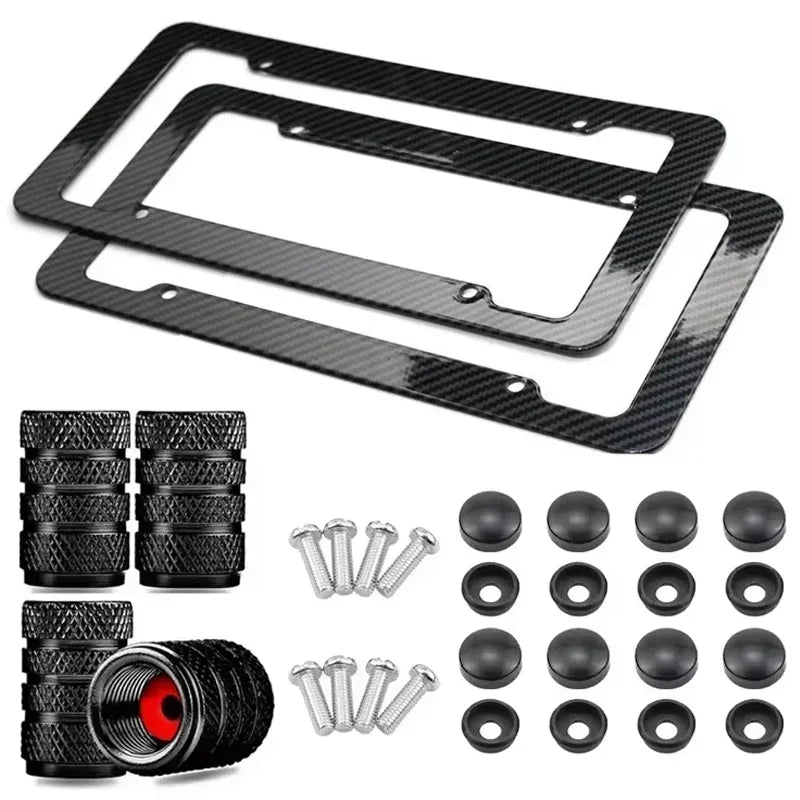 1/2PCS Carbon Fiber Pattern Plastic License Plate Frame Fiber Black Aluminum Metal Car Tag Holder Tire Screw Cap Universal Amagi