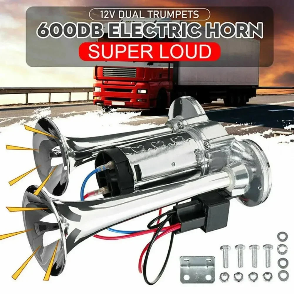 Super Loud 600DB Dual Trumpet Train Horns for Trucks 12V Stainless Steel Electric High Decibel Chrome Finished Car Speaker with