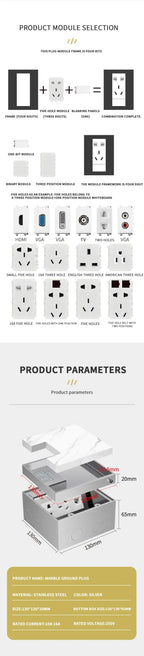 Stainless Steel Floor Socket Outlet, Hidden Flush Mount Electrical Floor Power Socket for EU US FR BR IL Standard Plug