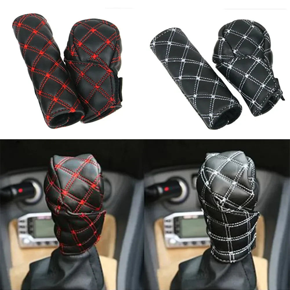 2 in 1 Set Car Faux Leather Gear Shift Knob Cover Hand Brake Cover Sleeve Car Interior Protect Cover Accessories New