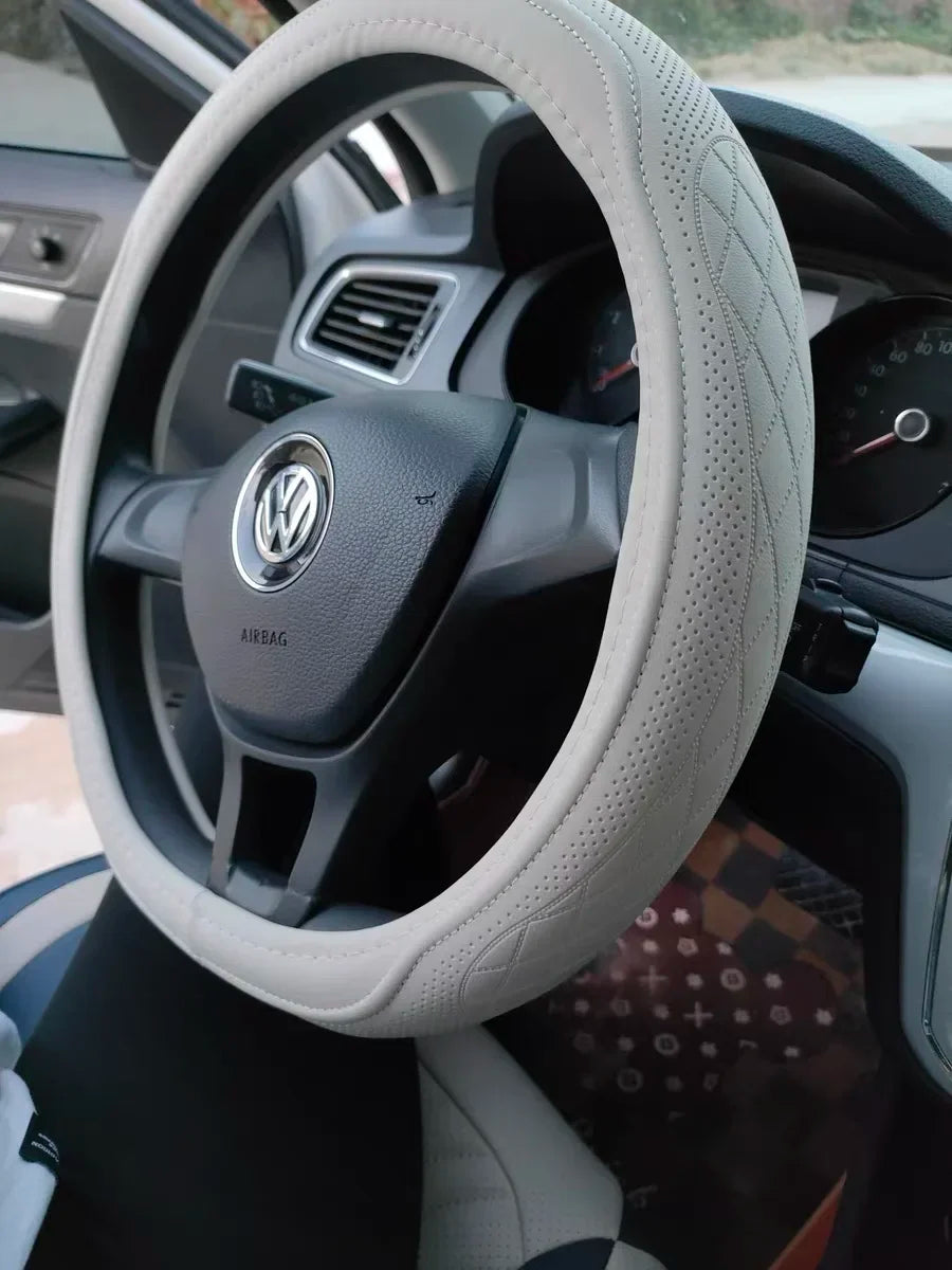 Napa Leather Perforated Patchwork Car Steering Wheel Cover, Non-slip, Breathable, Universal 15 Inch (Approx. 38.1cm) Amagi