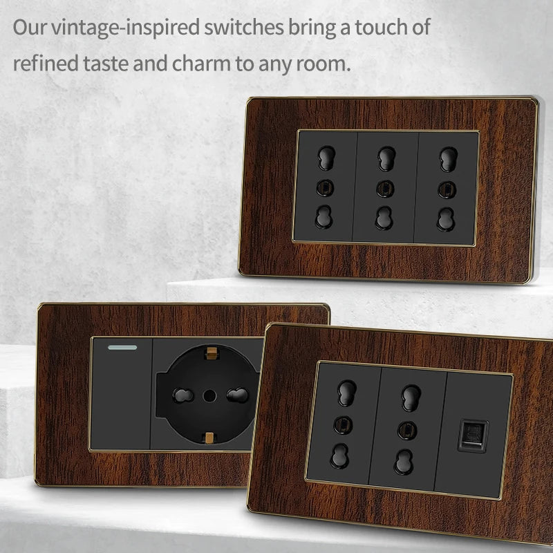 118-Type Retro Wood Grain Wall Plate – Black Plastic Spray-Painted Decorative Panel for Italy Standard Switch & Socket