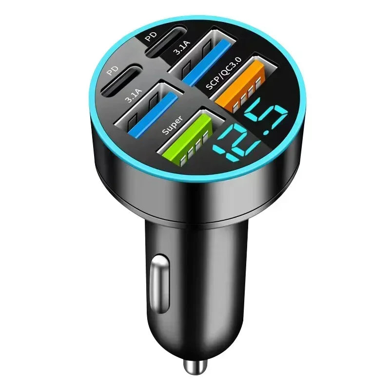 200W Car Charger 6 Ports Fast Charging with Digital Display PD QC3.0 USB C Quick Charging Adapter for IPhone Samsung Xiaomi Amag