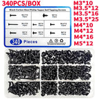 340PCS PWA Cross Self-Tapping Black Screw M3 M3.5 M4 M4.8 Carbon Steel Round Pan Head Tapping Screw with Washer Assortment Kit