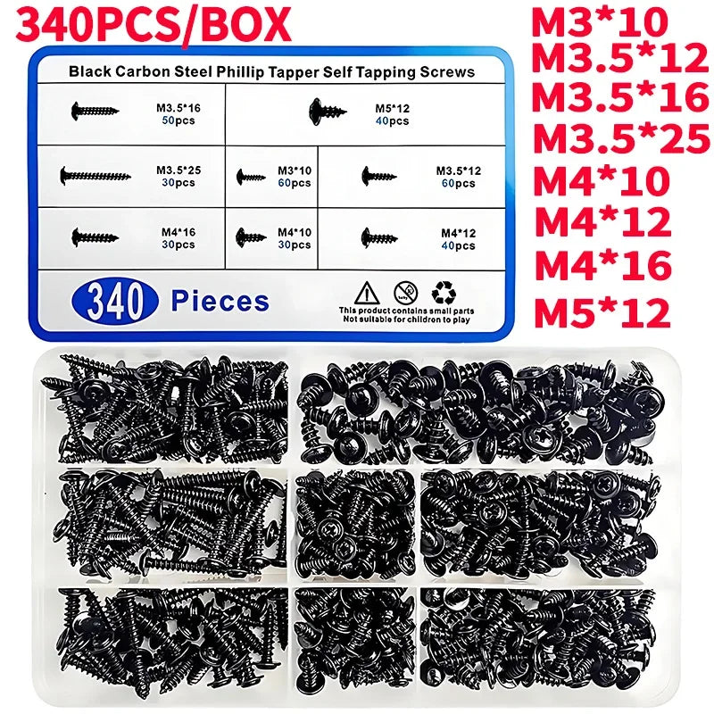 340PCS PWA Cross Self-Tapping Black Screw M3 M3.5 M4 M4.8 Carbon Steel Round Pan Head Tapping Screw with Washer Assortment Kit