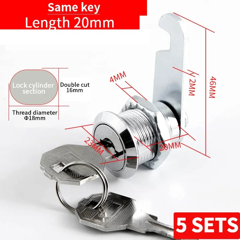 Cabinet Cam Lock Set, 5 Pack Two-Sided Keyed Alike 16MM-30MM Cylinder Cam Locks Secure Mailbox File Drawer Compartment Lock