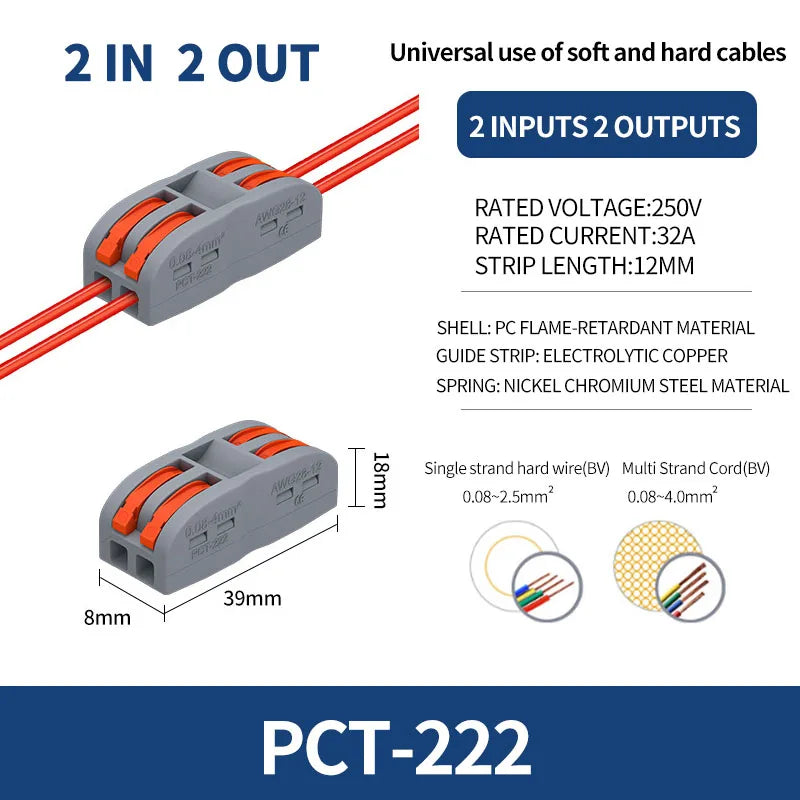 10/1000PCS Mini Fast Wire Connector Universal Wiring Cable Connector Push-in Conductor Terminal PCT-222/224 SPL-42/62 SPL-2/3/1