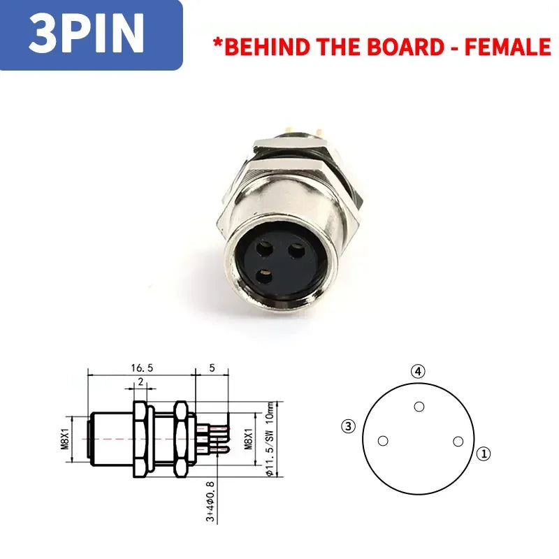 M8 Sensor Connector Panel Back Mount Waterproof Flange Socket Threaded Coupling Male&Female 3Pin 4Pin 5Pin A Type