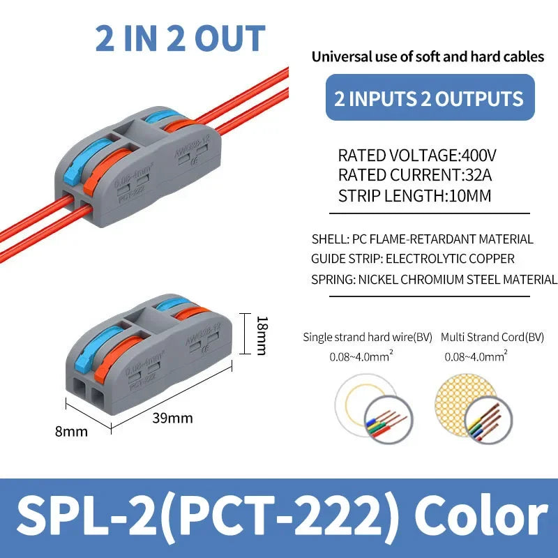 SPL-42/62/63/82/93 3/2-in 8/6/4-out Fast Wiring Terminal Multi-functional Parallel and Branch Docking Terminal Wire Connector