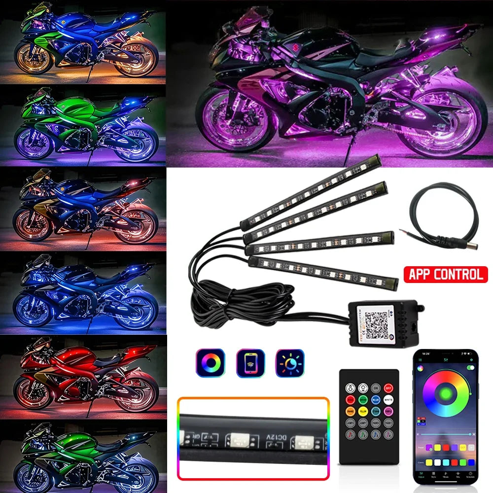 Motorcycle Atmosphere Underglow Lights LED Kits App Remote Control RGB Waterproof For Yamaha BMW Harley Suzuki E-bike Amagi